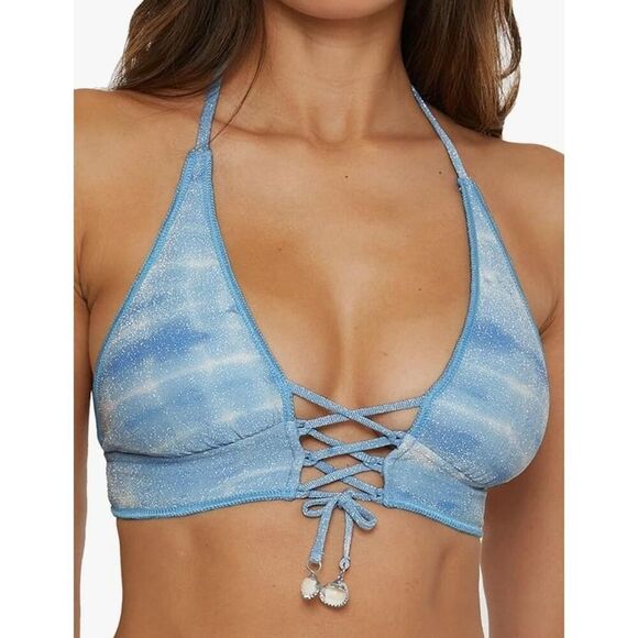 Becca Rebecca Virtue Halter Bikini Swim Top Ice Blue Shimmer Shells Lurex Size L - Picture 2 of 10